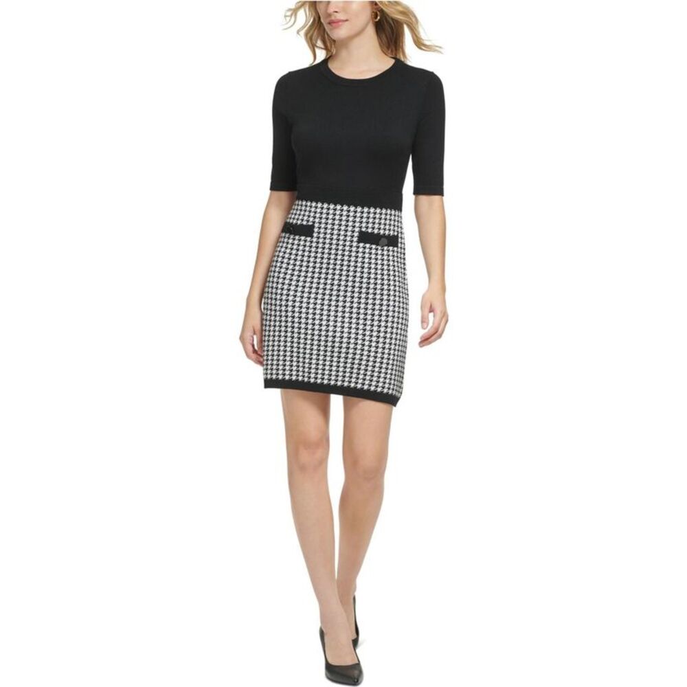 Karl Lagerfeld Womens Knit Houndstooth Midi Dress, NWT